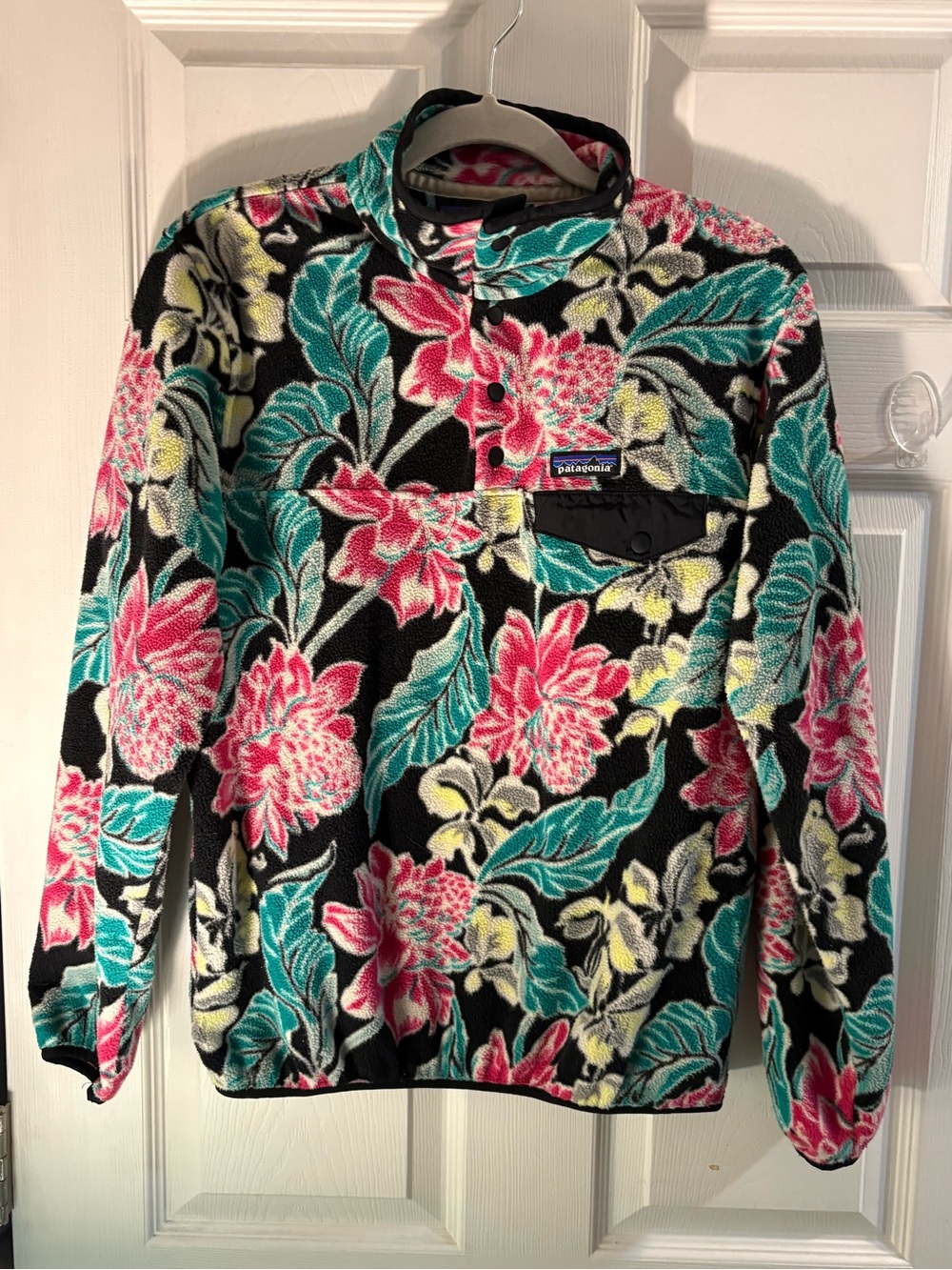 Patagonia Floral Teddy Fleece Jacket in Black, Teal, Pink, Yellow